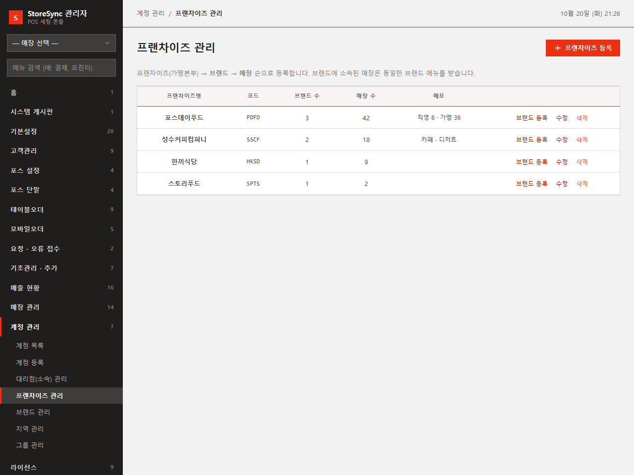 프랜차이즈 본부 화면
