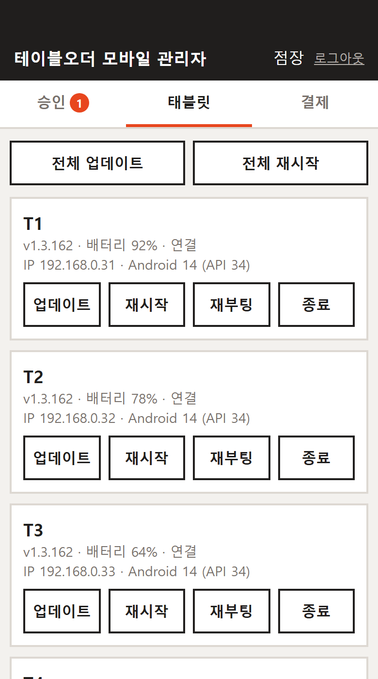테이블오더 관리 폰 화면